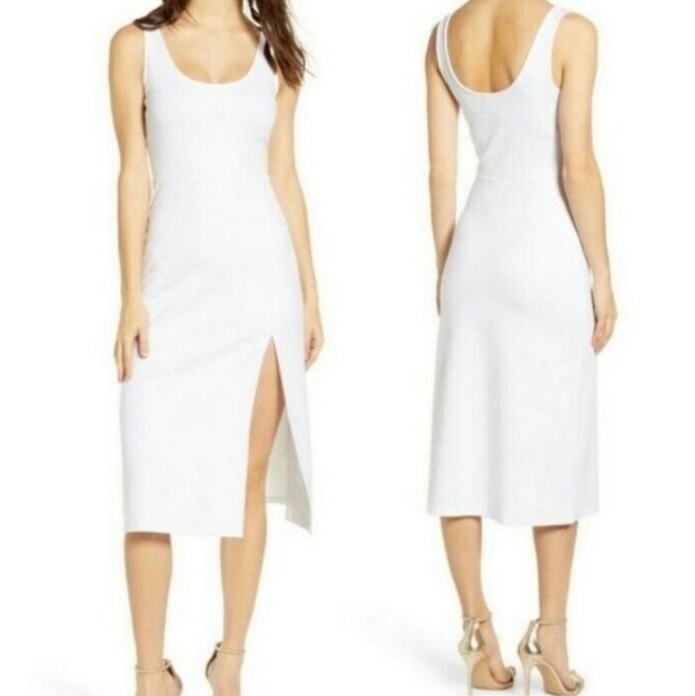 Leith Nordstrom White Scoop Neck Midi Dress Bodycon Slit Stretch Bride Classic L